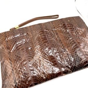 Vintage Women’s Handbag Clutch Faux Snakeskin Brown Made In Hong Kong
